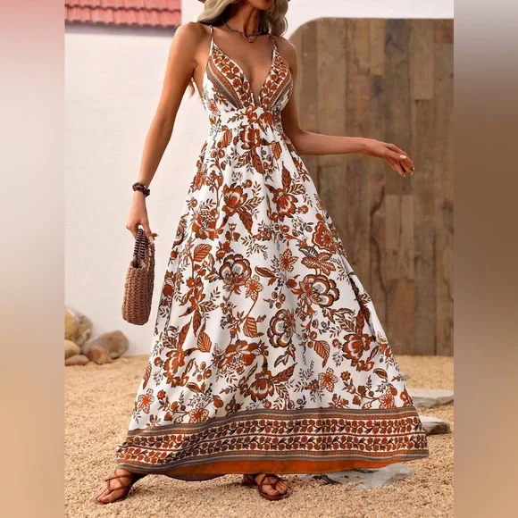 Criss cross boho gypsy floral maxi dress v neck backless orange white - Picture 1 of 7